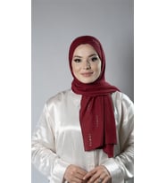 Bordo Pratik Hazır Geçmeli Tesettür Şal Örme Kumaş Taşlı Yıldız Desenli  2118Y_16