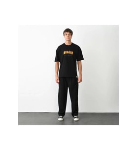Unisex Bisiklet Yaka Baskılı Oversize T-Shirt - Siyah