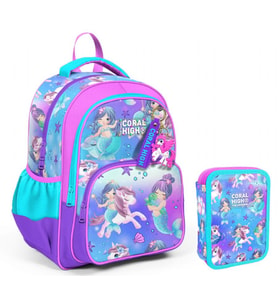 Coral High Turkuaz Unicorn Kız Çocuk Okul Çantası ve Organizer Kalemlik Seti