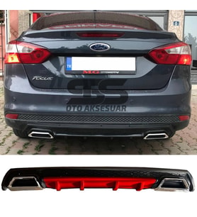 Ford Focus 3 Difüzör Arka Tampon Eki 2 Egzoz Çıkışlı Kırmızı Lüx Tip