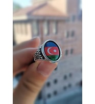 Gümüş Kaplama Azerbaycan Bayrak Erkek Yüzük Model 2