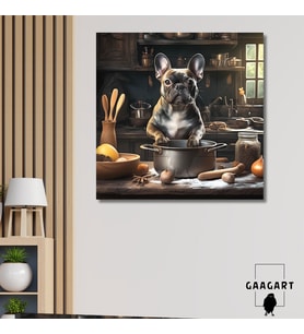Kare Kanvas Mutfak Tablosu Aşçı Hayvanlar Küçük Fransız Bulldog