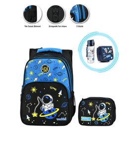 Oltalı Astronot Okul Çantası + Astronot Beslenme Kabı + Astronot Suluk - Uzay Çanta İlkokul Çantası (Çok Renkli)