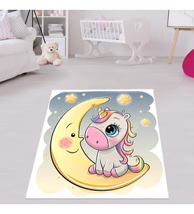 Unicorn Ay Yıldız Desenli Dijital Baskı Yıkanabilir Kaymaz Taban Çocuk Odası Halısı (Gri)