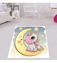 Unicorn Ay Yıldız Desenli Dijital Baskı Yıkanabilir Kaymaz Taban Çocuk Odası Halısı (Gri)