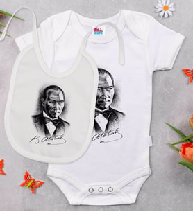 BK Kids Atatürk Temalı Beyaz Bebek Body Zıbın ve Mama Önlüğü Hediye Seti-14