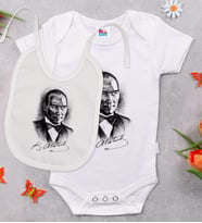 BK Kids Atatürk Temalı Beyaz Bebek Body Zıbın ve Mama Önlüğü Hediye Seti-14