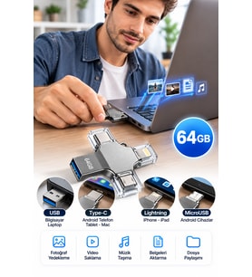 Tek Ürünle Birden Fazla Cihazda Kullanım Sunan 64GB Lightning Type C USB MicroUSB Girişli Flash Bellek