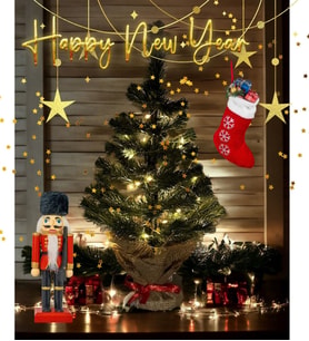 Led Işıklı Yılbaşı Çam Ağacı Kütük Tabanlı Jüt Ipli Masaüstü Yeni Yıl Noel Ağacı (Yeşil)