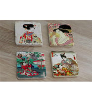 Japon Sanatı Kadınları Doğal Taş Bardak Altlığı 4'lü set - Natural Stone Coasters