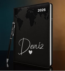 BK Gift Kişiye Özel İsimli Termo Sert Kapak 2026 Siyah Ajanda & Kalem -13, Öğretmenler Günü Hediyesi, Yeni İş Hediyesi