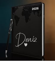 BK Gift Kişiye Özel İsimli Termo Sert Kapak 2026 Siyah Ajanda & Kalem -13, Öğretmenler Günü Hediyesi, Yeni İş Hediyesi