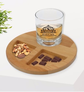 BK Gift Kişiye Özel İsimli Viski Bardağı ve Doğal Masif Ahşap Yuvarlak Sunum Tabağı Çerezlik Hediye Seti-12