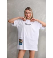 Unisex Bisiklet Yaka Baskılı Oversize T-Shirt - Beyaz