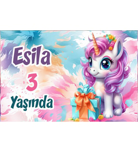 Hediyeler ve Unicornlar Temalı Doğum Günü Afişi 35X50 cm