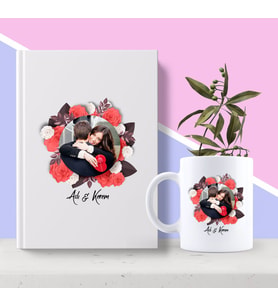 BK Gift Kişiye Özel Fotoğraflı Çiçek Temalı Beyaz Defter ve Kupa Seti (Model 1)