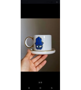 Hamsa El Yapımı Hediyelik Duble Kahve Fincanı (Mavi-Gold)