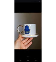 Hamsa El Yapımı Hediyelik Duble Kahve Fincanı (Mavi-Gold)
