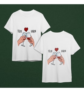 Kadeh Tokuşturan Sevgili Çift Tasarımlı Tişört Kişiye Özel ( Unisex - Büyük - Çocuk )