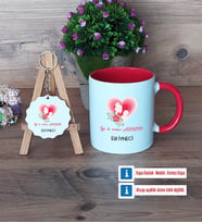 Anneye Doğum Günü Hediyesi Kupa Bardak Kırmızı ve Ahşap Anahtarlık Hediye (Model 1)