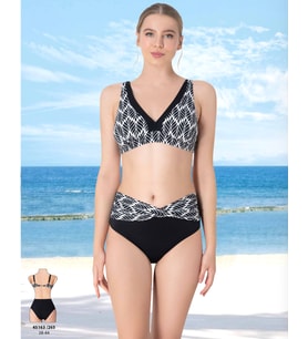 Siyah Beyaz Yaprak Desenli Yüksek Bel Bikini Takımı 38