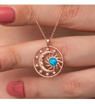 Gümüş Rose Opal Mavi Taşlı Ay Güneş Kadın Kolye