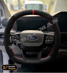 Ford Transit Custom Dikme Direksiyon Kılıfı Alcantara Süet Mat Karbon Kırmızı Yüzük ve Dikiş Trend-Deluxe-Limited 2024-2026