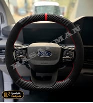 Ford Transit Custom Dikme Direksiyon Kılıfı Alcantara Süet Mat Karbon Kırmızı Yüzük ve Dikiş Trend-Deluxe-Limited 2024-2026