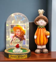 Kişiye Özel Fotoğraflı Yazılı Led Işıklı Fanus ve Bal Kabağı Biblosu (Model 2)