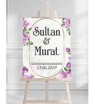 Söz Nişan Düğün İçin 50x70 Karşılama Panosu - Mor Çiçek Tasarımlı 004