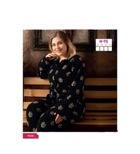 Sude Kadın Büyük Beden Kışlık Polar Gömlek Yaka Pijama Takımı M 915- 1 Adet (Siyah)