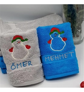 İsimli Yılbaşı Havlusu 2 li Set Kardan Adan Gri Mavi 30x50cm