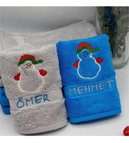 İsimli Yılbaşı Havlusu 2 li Set Kardan Adan Gri Mavi 30x50cm