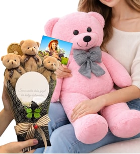 Premium Ayıcık Buketi Seti Büyük Boy Peluş Ayıcık ve Fotoğraflı Aynalı Kahve Ayıcık Buketi (Model 1)