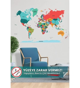 Şeffaf Renkli Dünya Haritası, Yapışkansız Tutunma Özellikli Akıllı Kağıt (Türkçe) 56 x 100