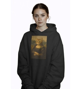 Kadın Mona Lisa Kedi Baskılı Siyah Hoodie – 3 İplik Şardonlu Kapüşonlu Sweatshirt