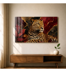 Leopar Bordo Altın Detaylı Vahşi Doğa Temperli Cam Dekoratif Duvar Tablosu