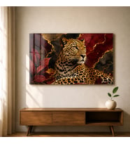 Leopar Bordo Altın Detaylı Vahşi Doğa Temperli Cam Dekoratif Duvar Tablosu