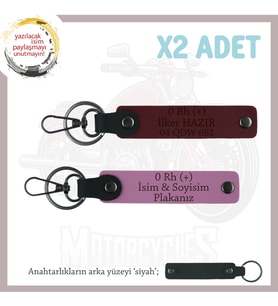 Özel İsim Plaka ve 0 Rh (+) Kan Grubu Yazılı Anlamlı Hediye, Deri x2 Anahtarlık Set, Pembe-Bordo-Syh (Çok Renkli)