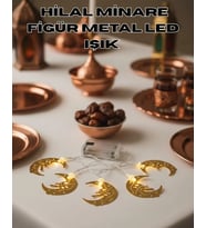 Minareli Hilal Led Işık Gold Metal Gövdeli Pilli Ramazan Dekoru