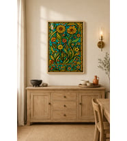 Vitray Çiçek Bahçesi Renkli Cam Panel Ahşap Çerçeveli Duvar Tablosu