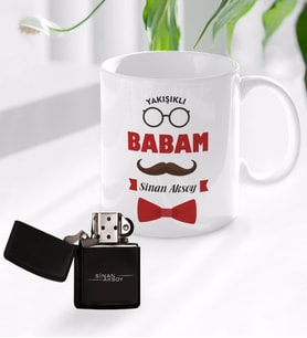 BK Gift Kişiye Özel Yakışıklı Babam Tasarımlı Kupa Bardak ve Benzinli Çakmak Seti - Model 1