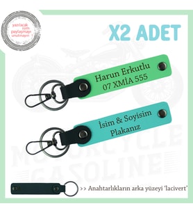 Motorsiklet Tutkunlarına Hediye, İsim Plaka Yazılı x2'li Deri Anahtarlık Seti, Turkuaz-F Yeşil-Laci