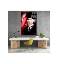Atatürk ve Bayrak Cam Tablo Dikey Duvar Tablosu Ofis Ev Dekoru Atatürk Portresi