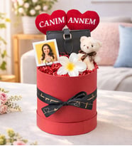 Kadınlar Gününe Özel Canım Annem Tasarımlı,Fotoğraflı,Cüzdan,Toka Ve Ayıcık Anahtarlık,Kutu Seti (Kırmızı)