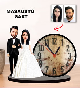 KARİKATÜR GELİN DAMAT TASARIMLI ÇİFT, SEVGİLİ, EVLİ, EŞE HEDİYE, SEVGİLİYE HEDİYE MASAÜSTÜ SAAT 1