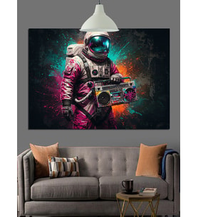 Uzayda Kasklı Astronot Dekoratif Kanvas - Mdf Ahşap Tablo