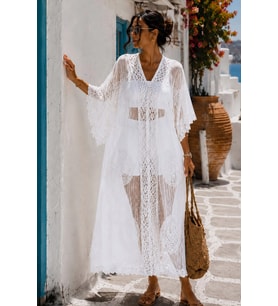 Kadın İthal Dantel Pareo Kimono Plaj Elbisesi Beyaz Bohem Yazlık Kaftan