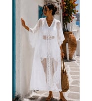 Kadın İthal Dantel Pareo Kimono Plaj Elbisesi Beyaz Bohem Yazlık Kaftan