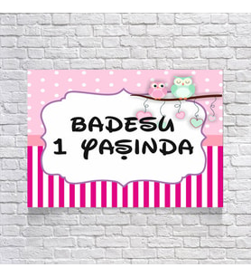 Pembe Çizgili Baykuşlu Doğum Günü Afişi 35X50 cm